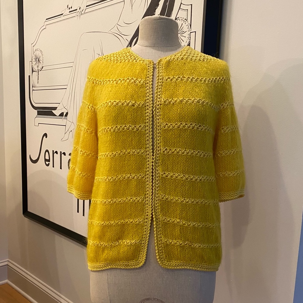 Vintage Cyn Les  Womens Yellow Mohair Cardigan Sweater / 3/4 Sleeve/ Size Large